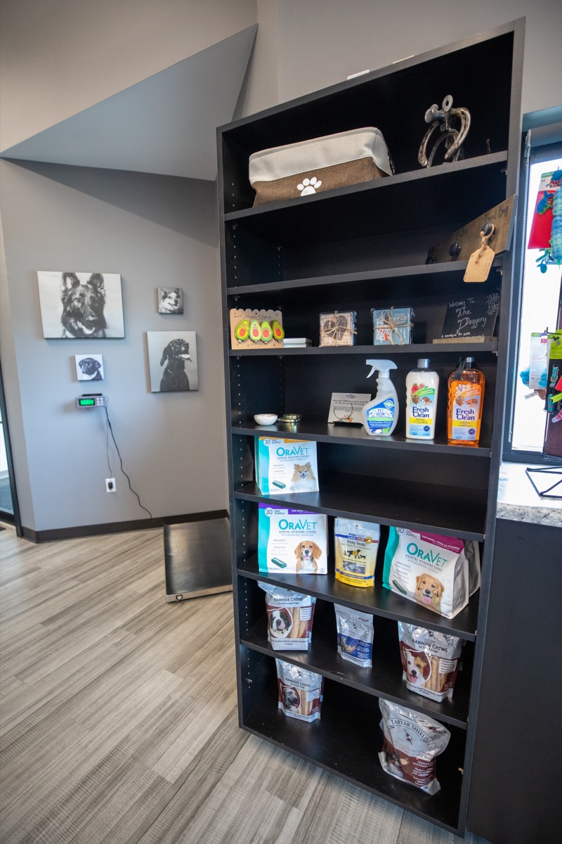Merchandise Wall at Plymouth Veterinary Clinic